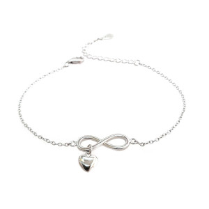 Sterling silver 925°  infinity with a dangling heart bracelet. 15cm plus 4cm extension.