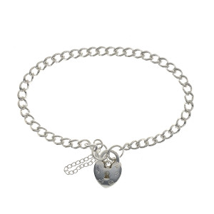 Sterling Silver 925° Curb charm bracelet with lock and safety chain.