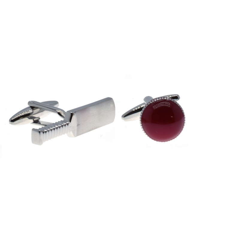 Cricket bat cufflink with a red enamel ball.  Material (rhodium plated brass & enamel)