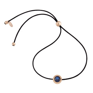Silver rose gold plated bracelet , round shaped dark blue c.z. on a black cord. Jems collection.