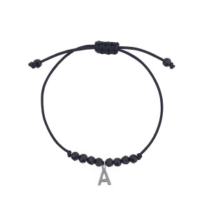 Sterling Silver 925° initial bracelet on a cord with black synthetic crystal beads.