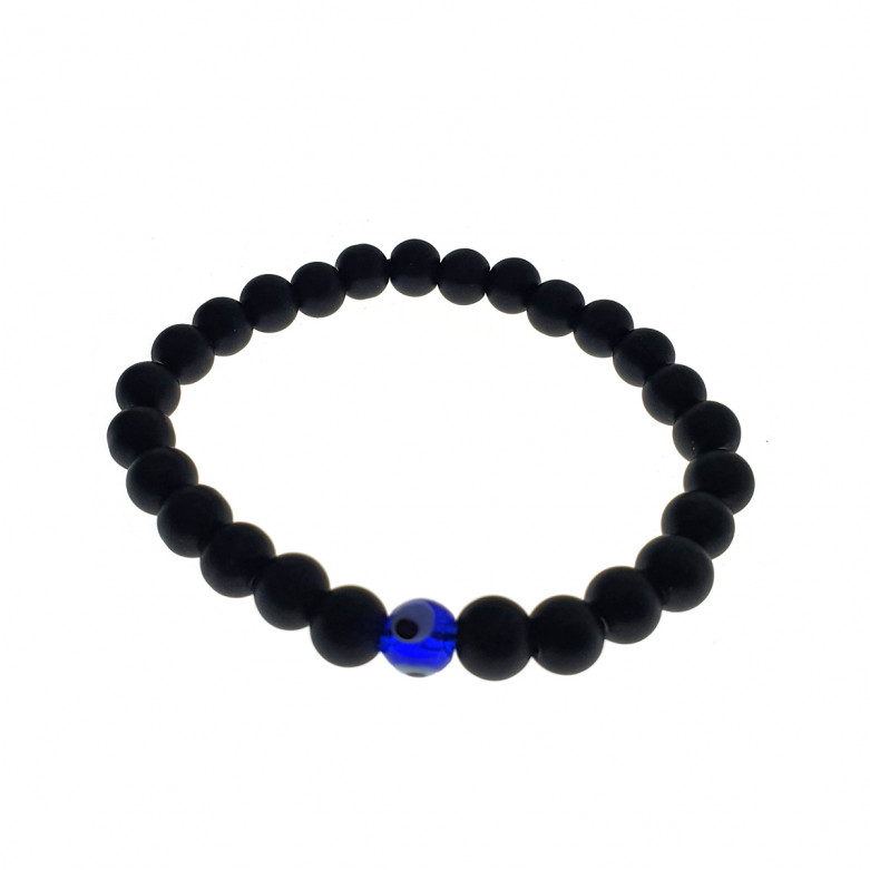 8mm matt black onyx bead with a evil eye glass bead on a stretch bracelet. 