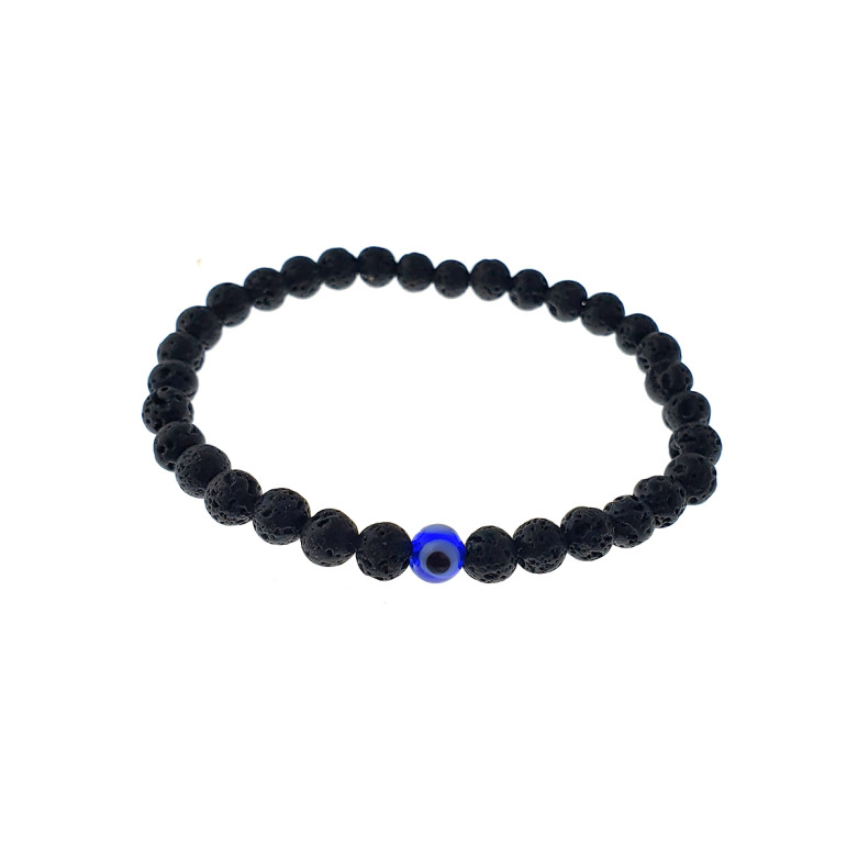 6mm round evil eye with volcanic beads on a stretch bracelet.