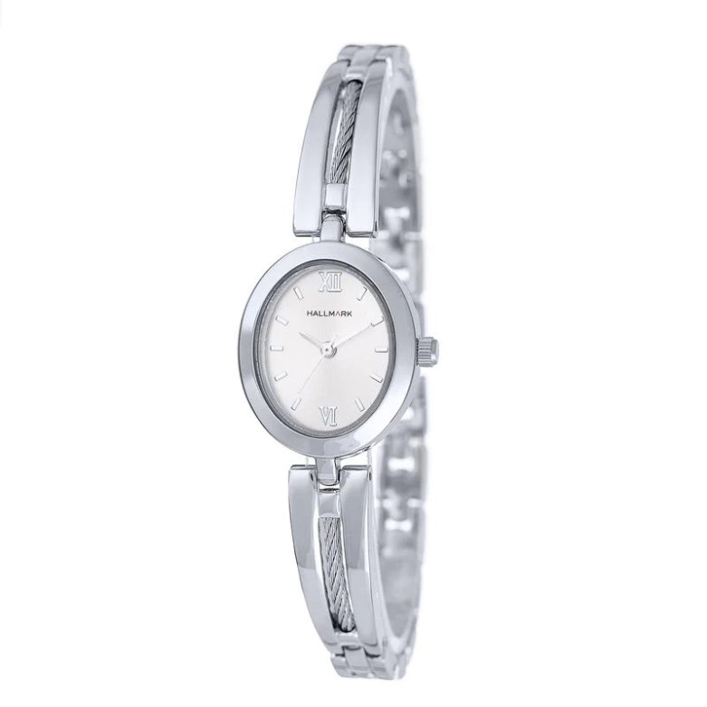 Hallmark ladies silver oval bangle ,silver cable watch.