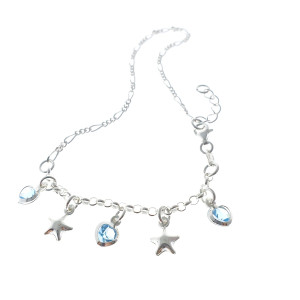 Sterling Silver 925°.  Crystal heart & star charm anklet. Length adjustable between 24-27cm. 