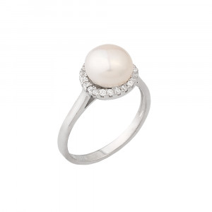 Sterling Silver Fresh water pearl ring surrounded with c.z. stones