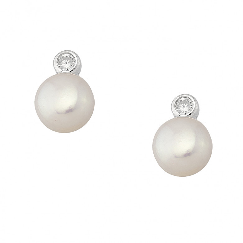 Sterling silver 925° stud earrings white cz and pearl rhodium 