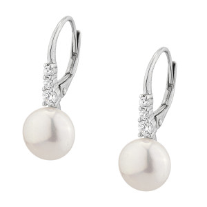 Sterling silver 925°  earrings hanging pearl 3 white cz rhodium 