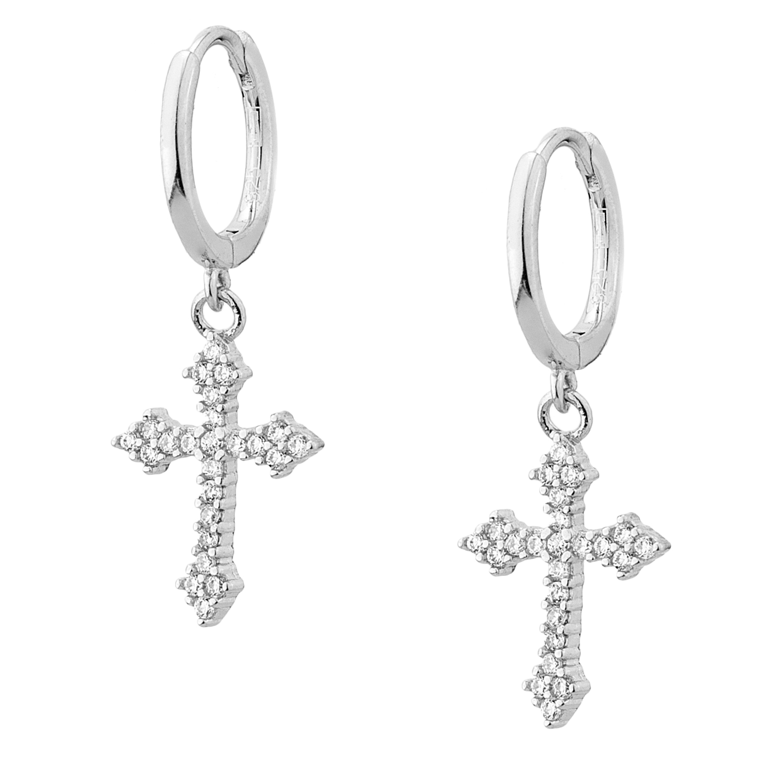 Sterling silver 925° hoop earrings with a hanging cross. Plated in