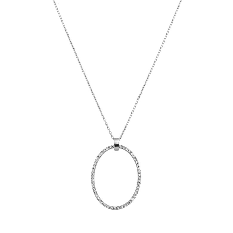 Sterling Silver 925°, 25mm clear, rhodium oval pendant with a 40 cm chain.