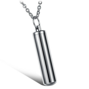 J4 Stainless steel Pendant with a 55cm chain. Hollow tube 42mm x 11mm dia. Top can unscrew open.