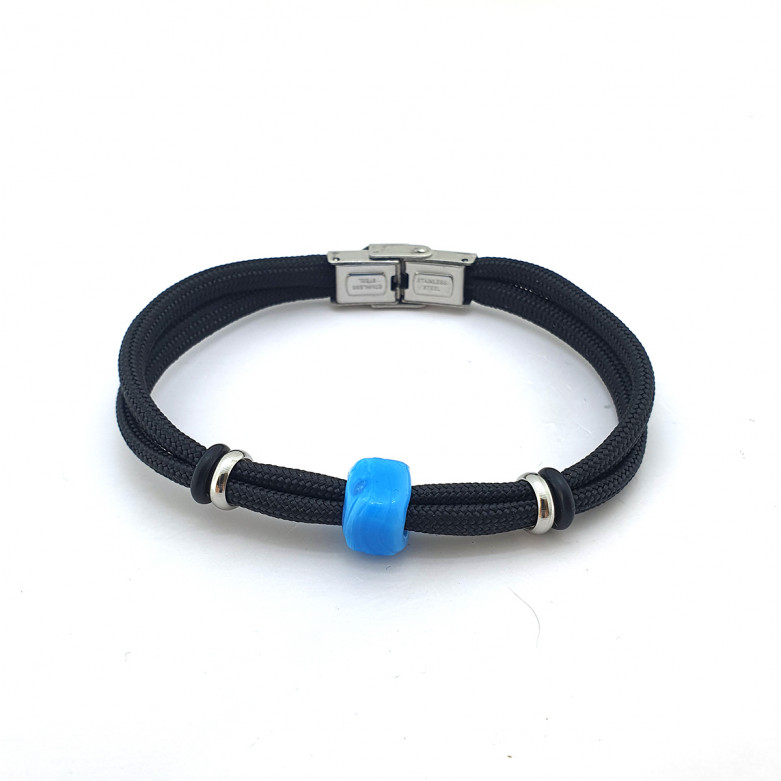 J4 Double black paracord with stainless steel clasp, with a blue ceramic bead. 