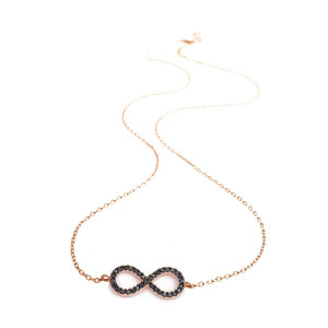 Silver rose plated infinity necklace with black cz. 42cm plus 4cm extention.