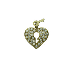 9ct yellow gold cz heart pendant with little gold key. 12mm.