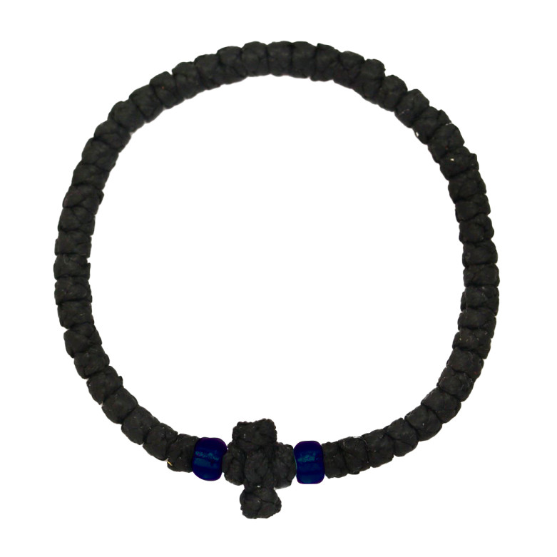 Waxed prayer rope bracelet 3.5mm (komboskini) black with dark blue beads.