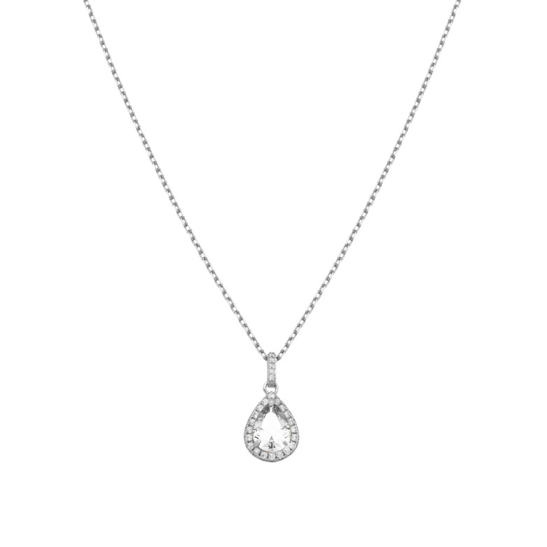 Sterling Silver 925°,rhodium pear shape clear cz halo pendant with a chain.