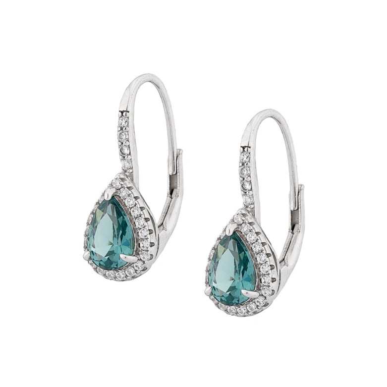 Sterling Silver 925°,rhodium pear shape green sapphire halo cz drop earring.