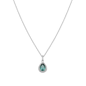 Sterling Silver 925°,rhodium pear shape green sapphire cz halo pendant with a chain.
