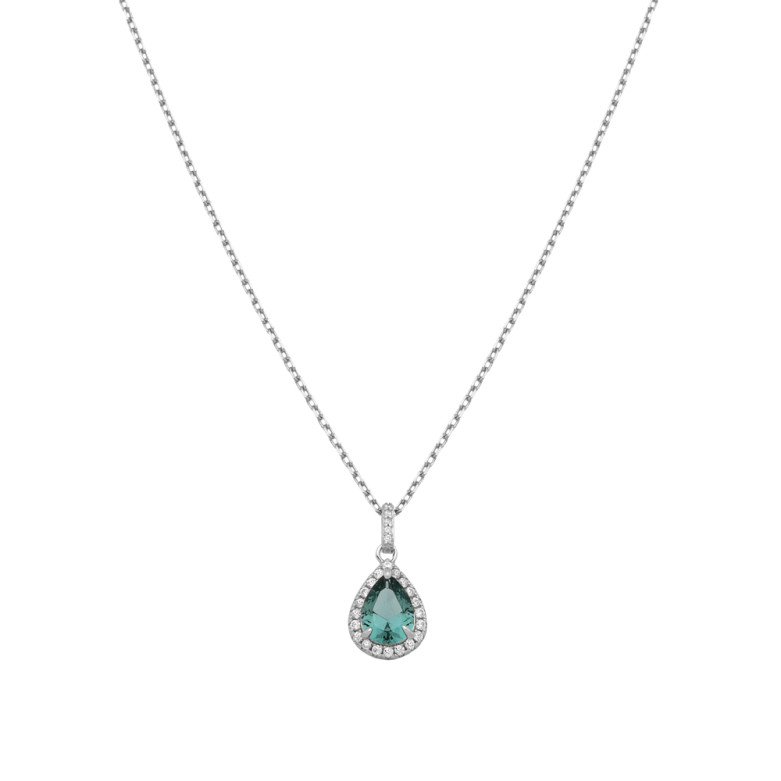 Sterling Silver 925°,rhodium pear shape green sapphire cz halo pendant with a chain.