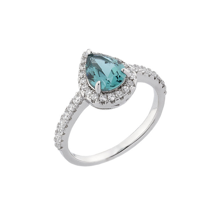 Sterling Silver 925°,rhodium pear shape green sapphire cz ring.