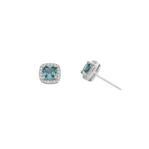 Sterling silver 925°. rhodium square green sapphire cz halo stud earrings.