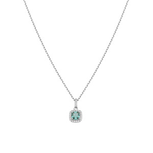 Sterling silver 925°. rhodium square green sapphire cz halo pendant on a chain.