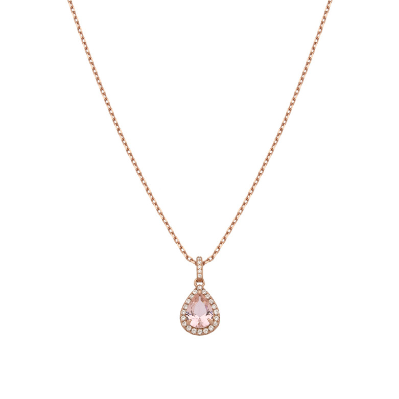 Sterling Silver 925°,rose plated pear shape clear cz halo pendant with a chain.