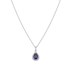Sterling Silver 925°,rhodium pear shape tanzanite cz halo pendant with a chain.