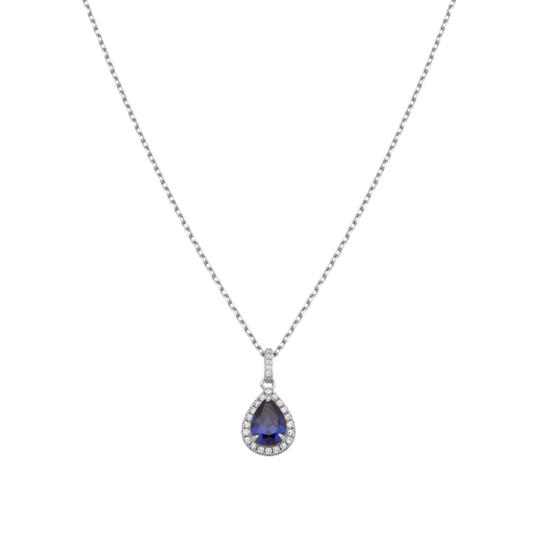 Sterling Silver 925°,rhodium pear shape tanzanite cz halo pendant with a chain.