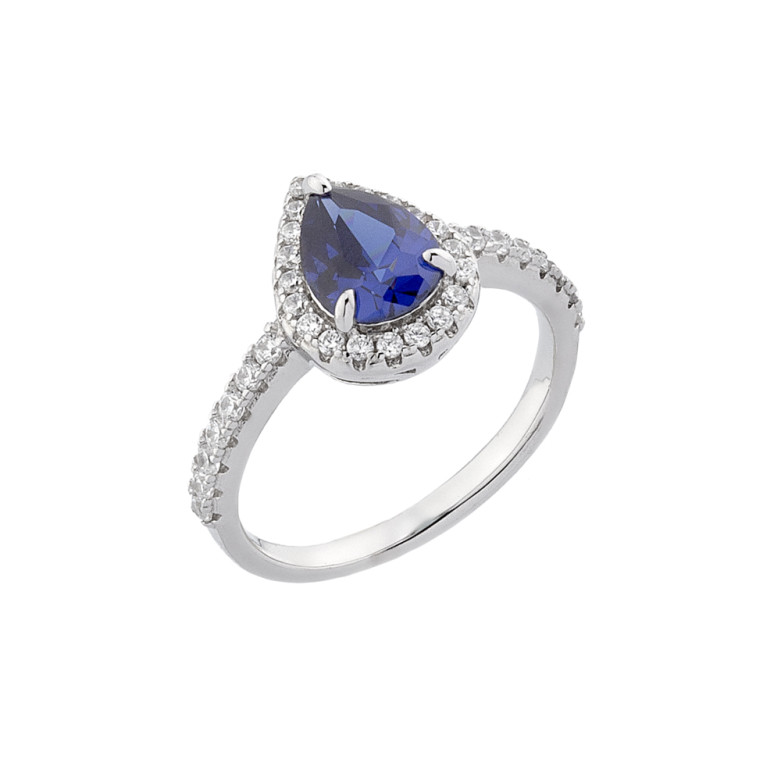 Sterling Silver 925°,rhodium pear shape tanzanite halo cz ring.