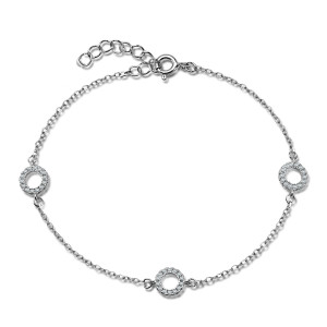 Sterling silver 925° three open cz circles on a bracelet.