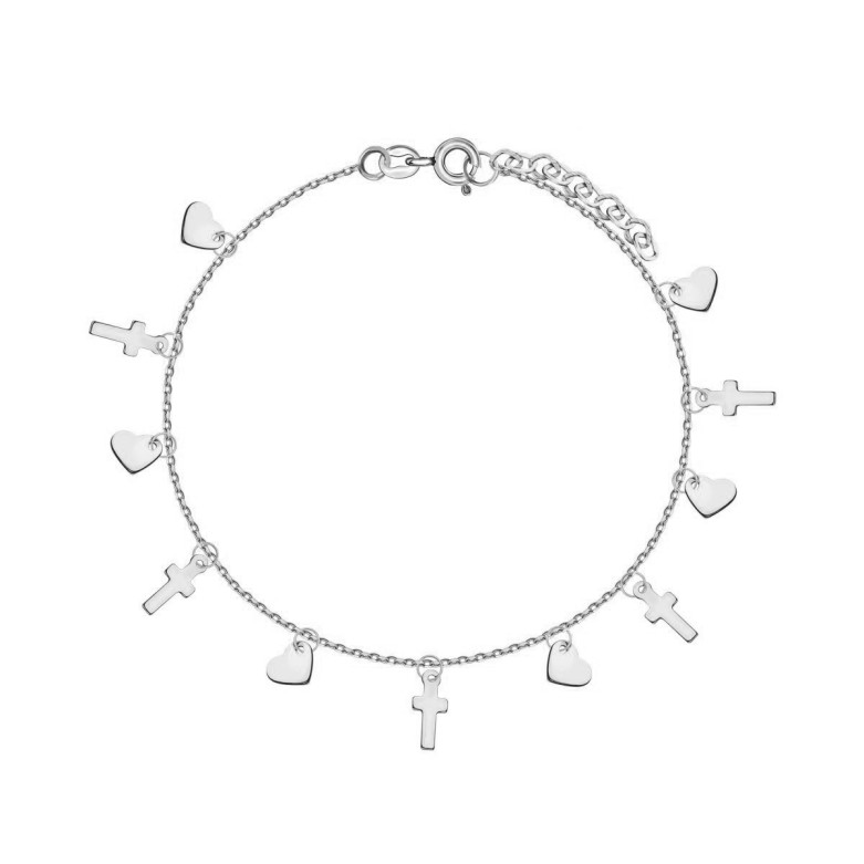 Sterling silver 925° cross and solid heart charms on a bracelet.