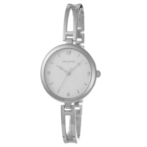Hallmark ladies watch with round face and silver metal strap.
