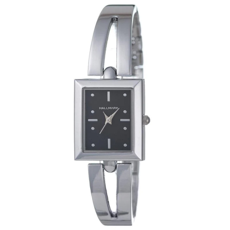 Hallmark Ladies rectangular watch with black face and metal strap.