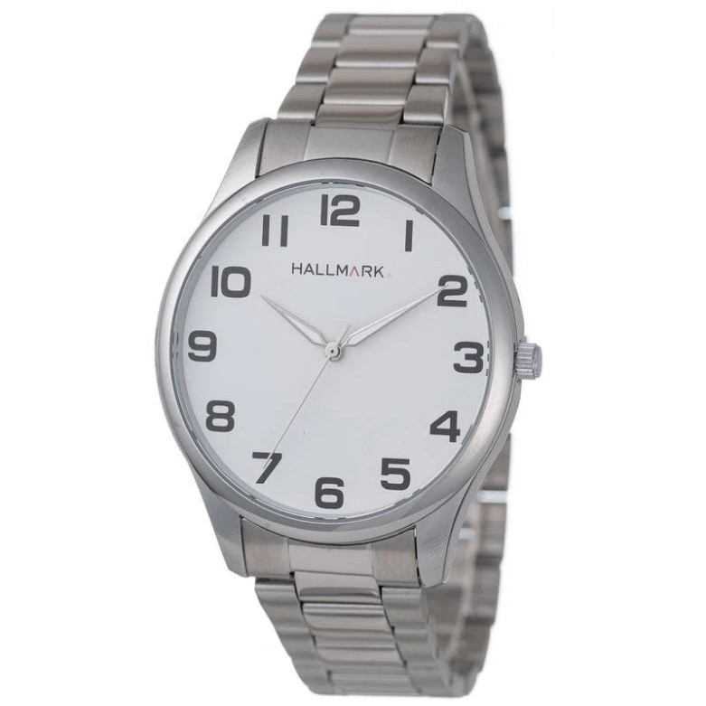 Hallmark gents white round face with metal strap.