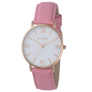 Hallmark ladies pink leather strap white face and rose rim.
