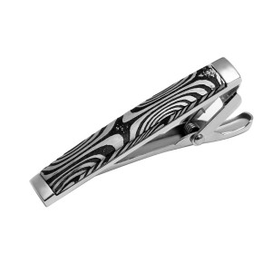 1j4 Damascus steel tie clip with black plating and stainless steel clip.