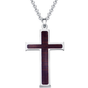 1J4 Stainless steel cross pendant, with acacia wood coated with transparent resin. 47*32mm. On a 60cm chain.