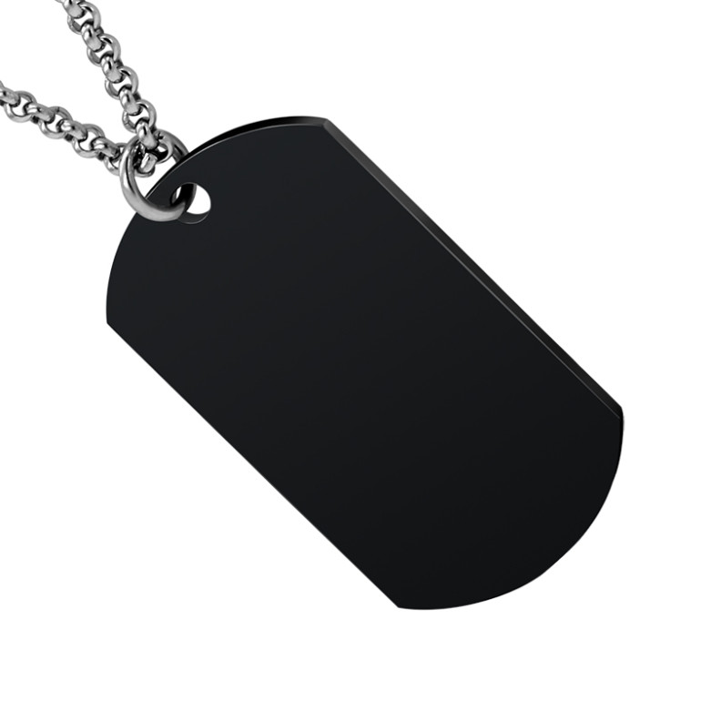 1J4 Stainless steel dog tag pendant 49x28x2mm. Black IP electro plated with a silver 60cm chain. 1J4 Stainless steel dog tag pendant 49x28x2mm. Black IP electro plated with a silver 60cm chain.