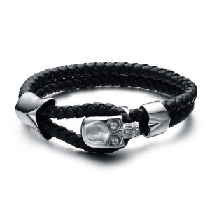 1J4 5mm Briaded black leather bracelet with a designer skull, 19cm.