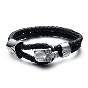 1J4 5mm Briaded black leather bracelet with a designer skull, 21cm.