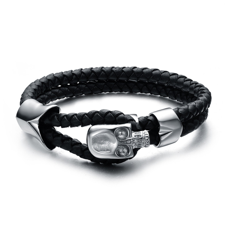 1J4 5mm Briaded black leather bracelet with a designer skull, 21cm.