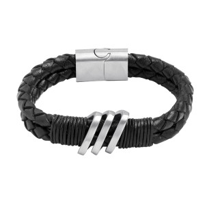 1J4 5mm Briaded black leather bracelet with a designer piece, 18.5cm