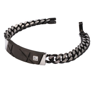 1J4 Designer Carbon fiber, cz ID  bracelet with stainless steel chain. 21cm