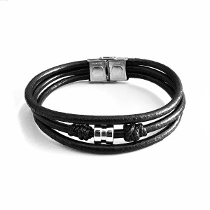 J4 3 Strand Stainless steel and leather bracelet 17mm wide, 22cm long.