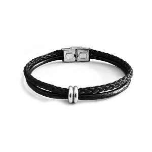 J4 2 Strand Stainless steel, leather and cord bracelet 10mm wide bead, 22cm long.