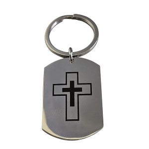 J4 Stainless Steel Key ring with a lasered cross. 45 x 30mm.