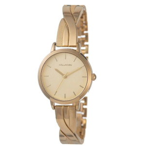 Hallmark ladies gold watch with plaited cross over strap and gold face