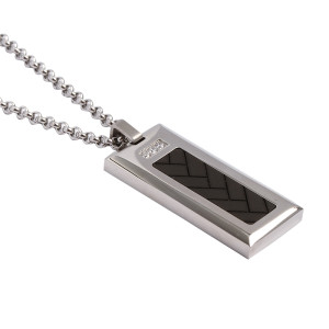 Stainless steel pendant with 3pcs cz stones and carbon fiber inlay with a matching chain
