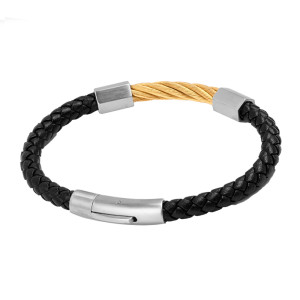 J4 gents gold stainless steel cable and leather bracelet